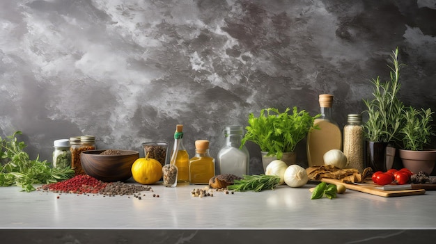 Składniki na blacie: zioła i warzywa